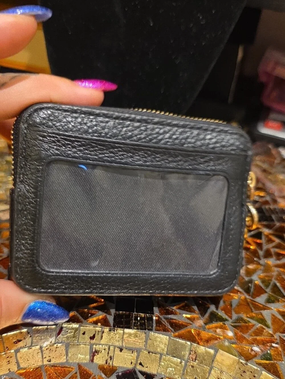 Coach Black Pebbled Leather Mini Wallet with Gold Chain
